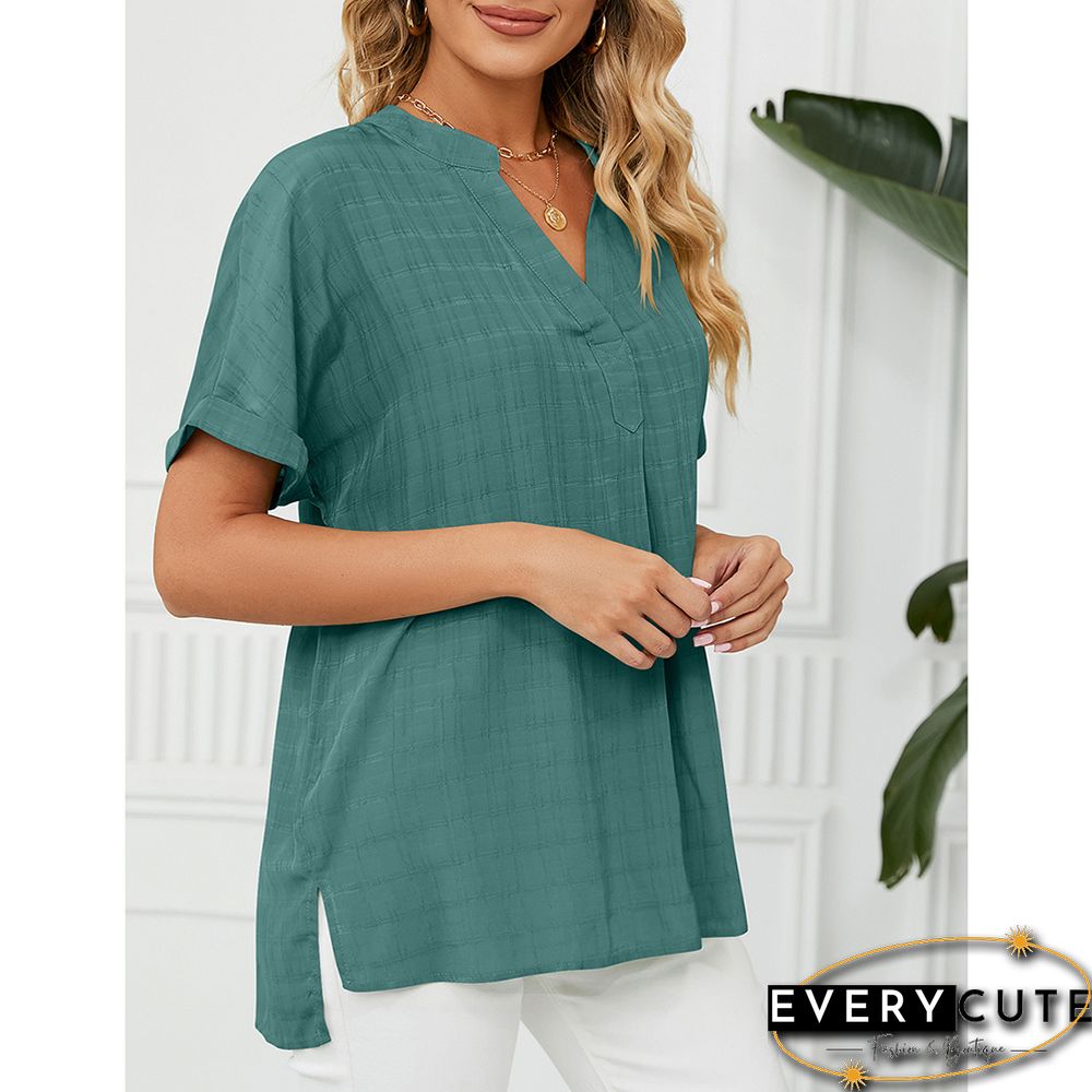 Green V Neckline Woven Pullover Tops