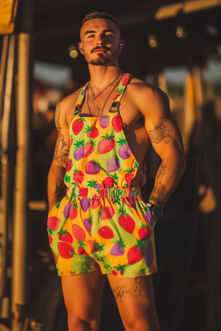 Men's Strawberry Pattern Print Elastic Waist Green Shorts Overalls [Pre-Order]