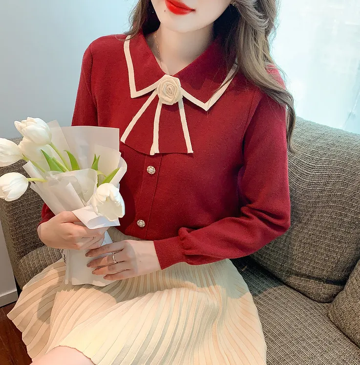Uveng Uveng Autumn New Female Fragrant Wind Bottoming Spliced Temperament Sweater College Style Doll Collar Bow Knitted Shirt