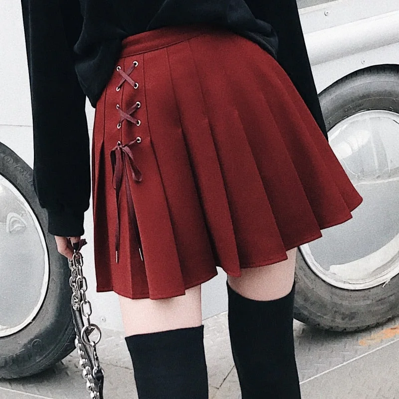 Women Lace Up Front Fashion Preppy Style High Waist Pleated Skirt Wind Cosplay Skirt Kawaii Female Mini Skirts Short Under It