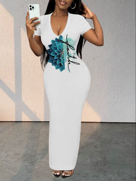 Faith Flower Print Short Sleeve Bodycon Maxi Dress