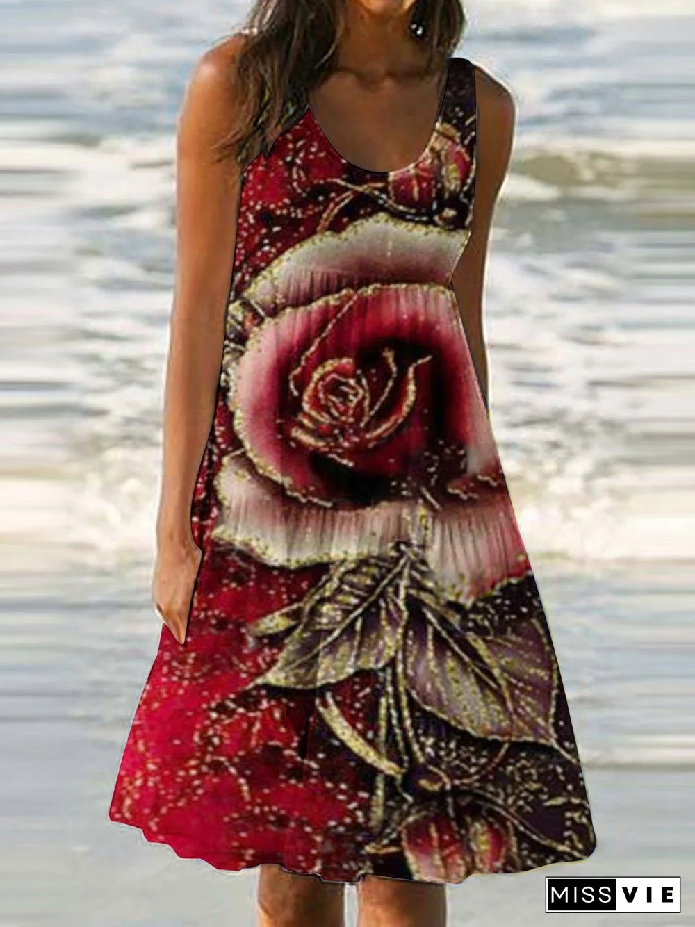 Women'S Dresses Butterfly Print Crew Neck Sleeveless Dress