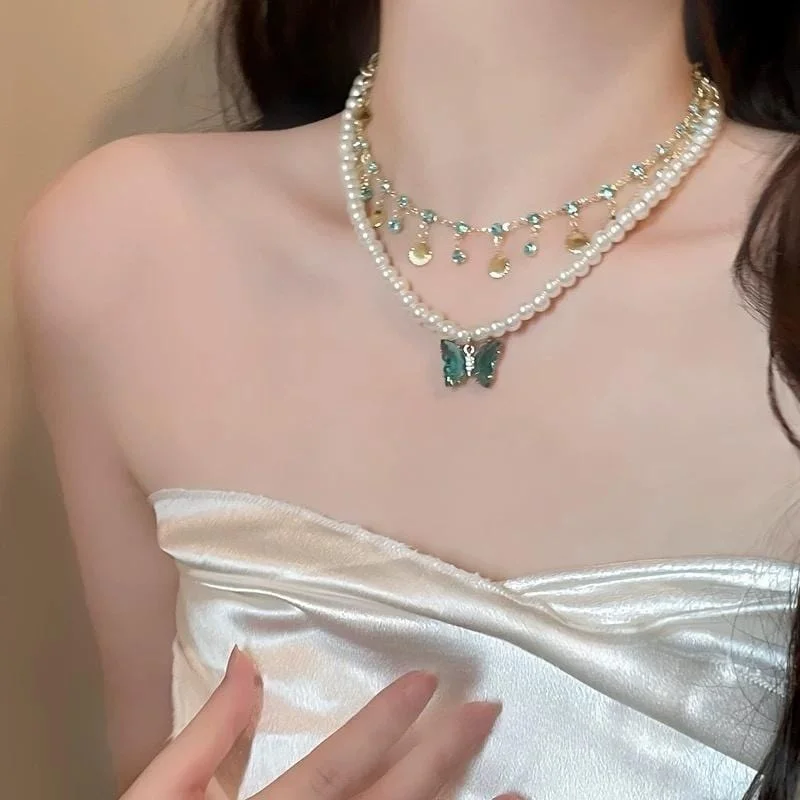 Boho Layered Butterfly Rhinestone Shell Tassel Pearl Necklace