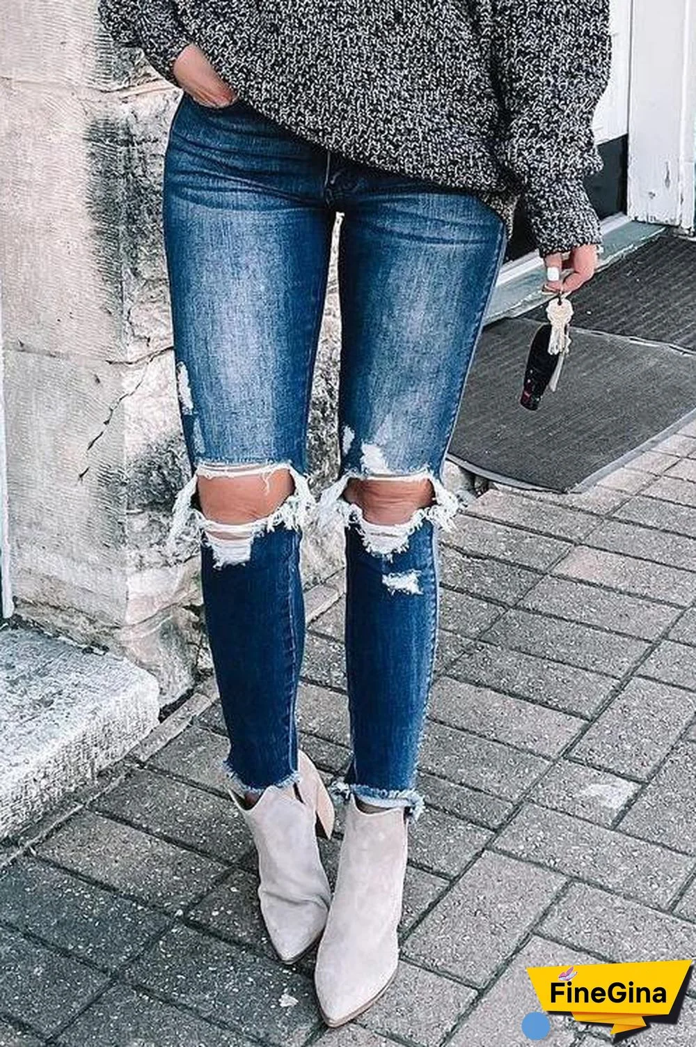 Broken Hole Mid Waist Jeans