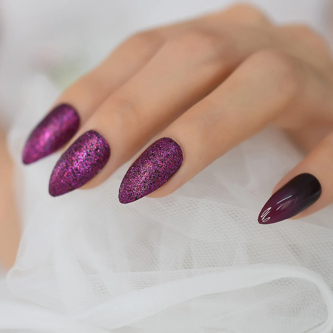 24pcs Fake Press On Nails Set Stiletto Medium Length Artificial Nails With Design Glitter Reusable Nail Tips Purple Queen-Nail Inspo