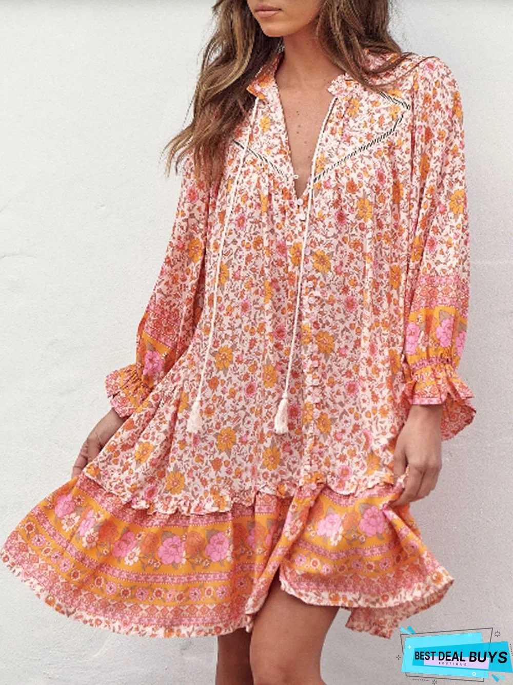 Patchwork Lace Ethnic Floral Printed Vacation Loose Dress