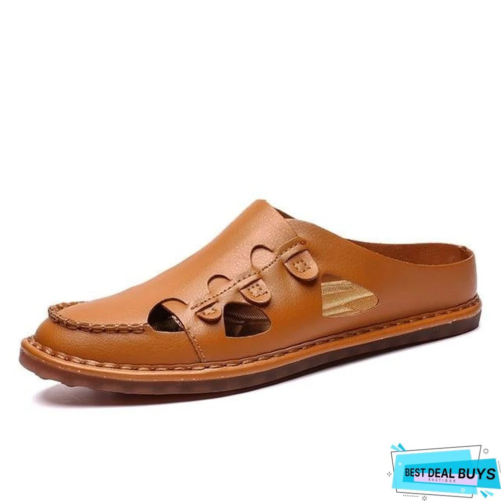 Men's Genuine Leather Sandals Shoes Summer Leisure Beach Sandals Slippers