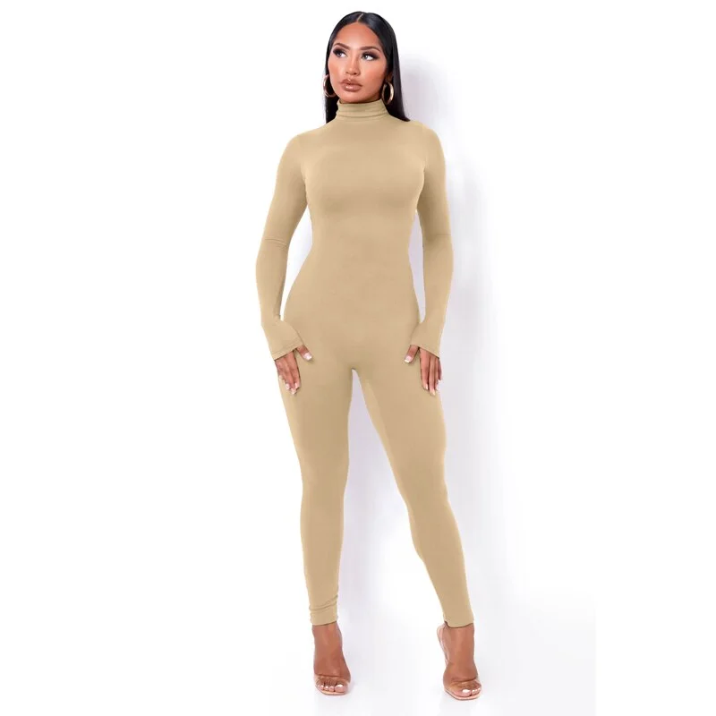 Hugcitar Long Sleeve Solid Turtleneck Skinny Bodycon Jumpsuit Autumn Winter Women Fashion Streetwear Casual Romper