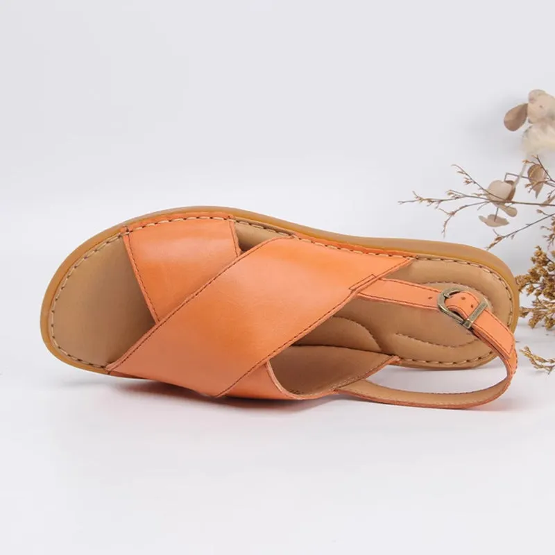 Women's Wide Strap Peep Toe Leather Flat Sandals Shoes