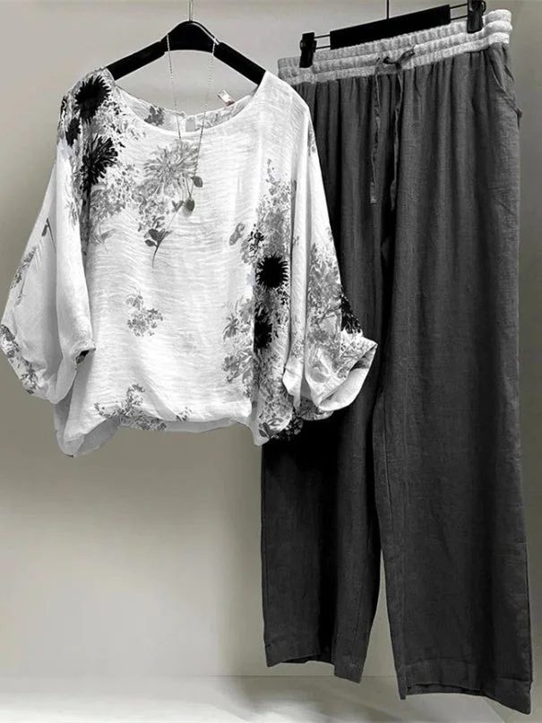 Women's Round Neck Long Sleeve Floral Print Top Trousers Two-Piece Set