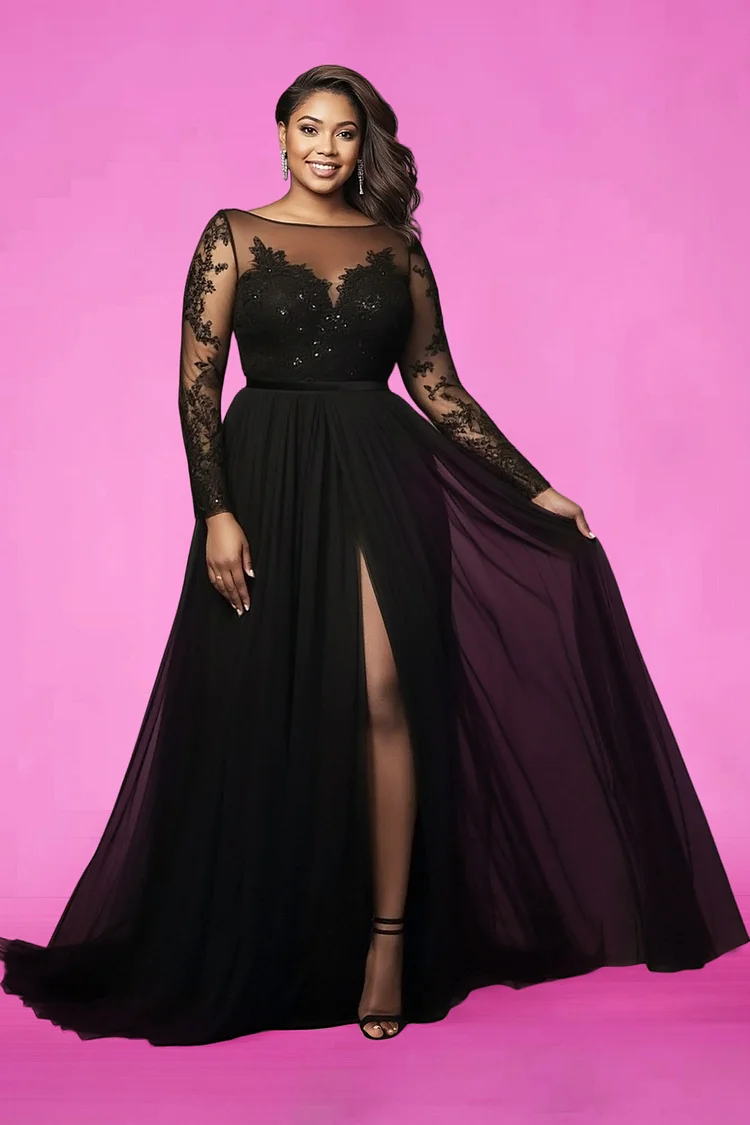 Xpluswear Design Plus Size Wedding Black Boat Neck Long Sleeve See