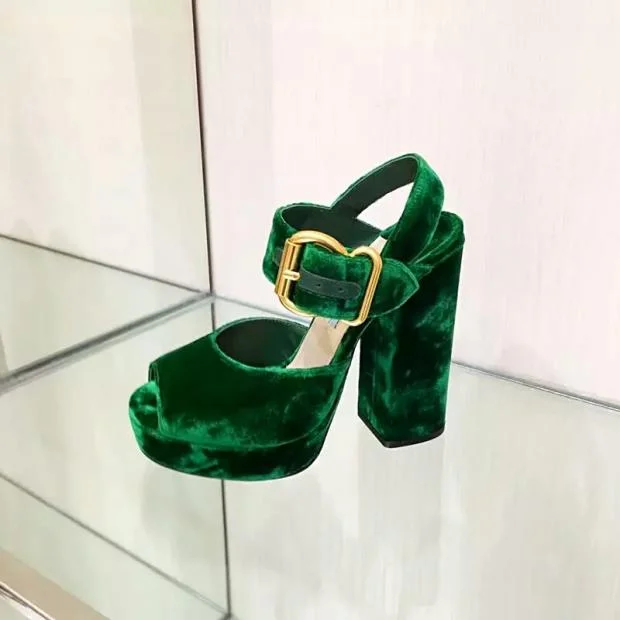 Emerald Green Velvet Heels Peep Toe Platform Chunky Heel Sandals |FSJ Shoes
