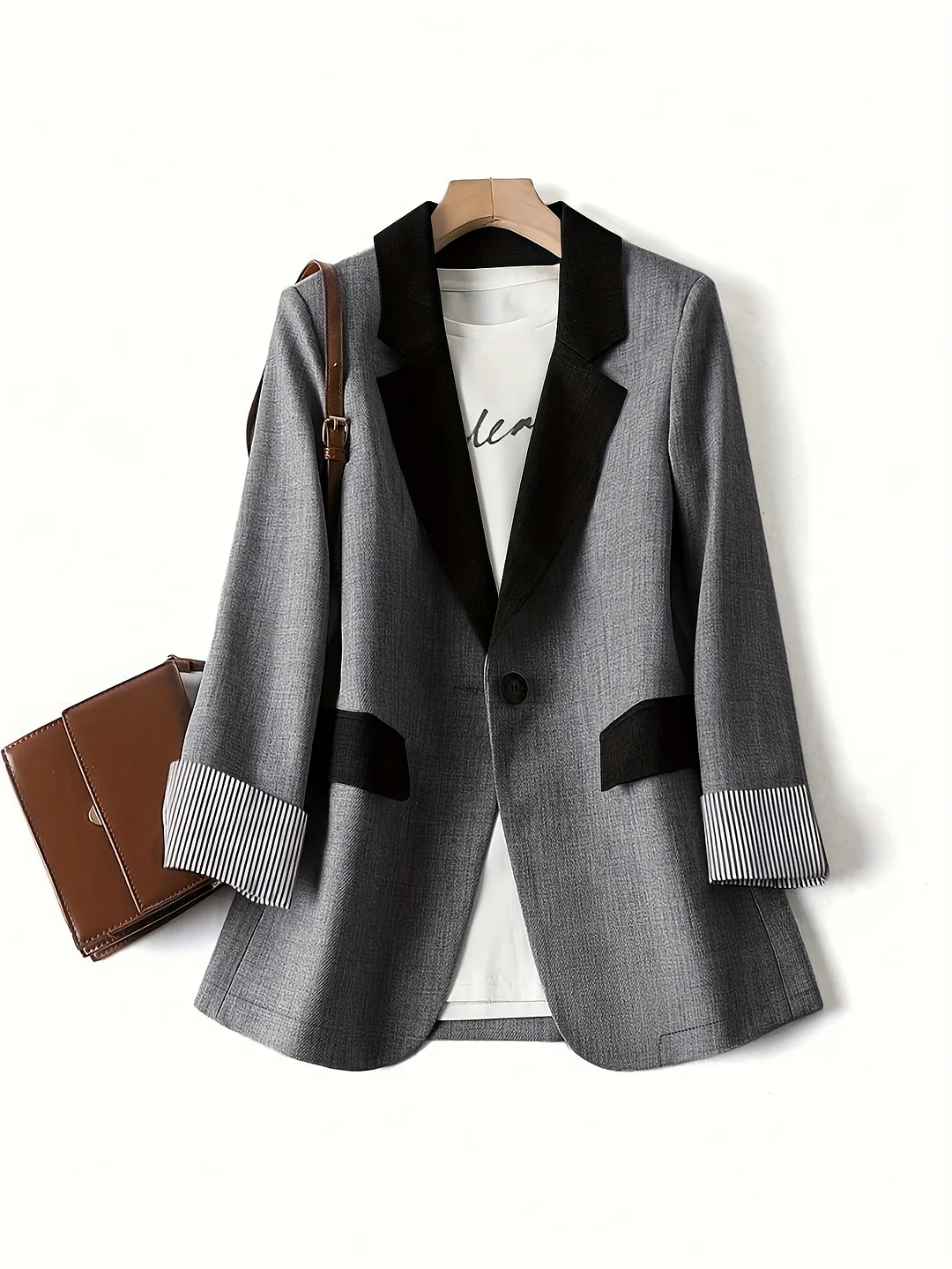 Women's Stylish Black & Gray Patchwork Polyester Blazer | Casual Long Sleeve Jacket With Striped Cuffs, Single Button Closure, Pockets, And Notched Lapel, Perfect For Spring/Summer | IFYHOME