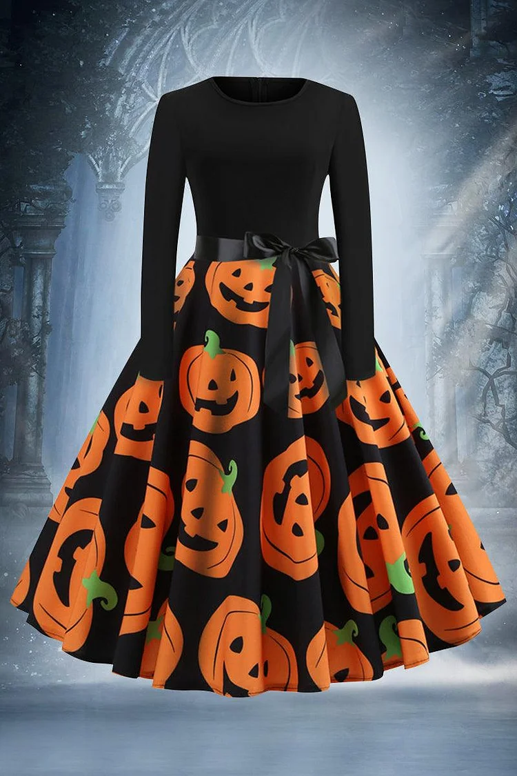 Plus Size Halloween Costumes Pumpkin Skull Print Long Sleeve A-line Midi Dress(With Belt)（Ships 24h） 2024 - Xpluswear
