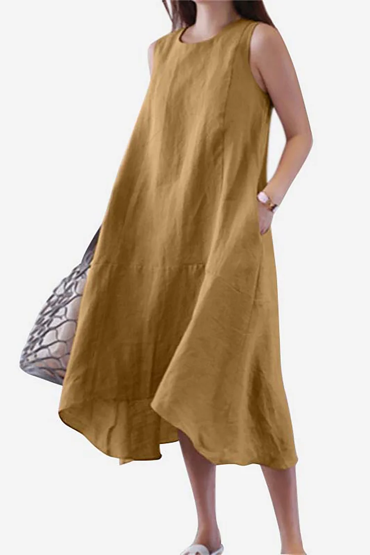 Linen Round Neck Sleeveless Pocket Casual Midi Dress