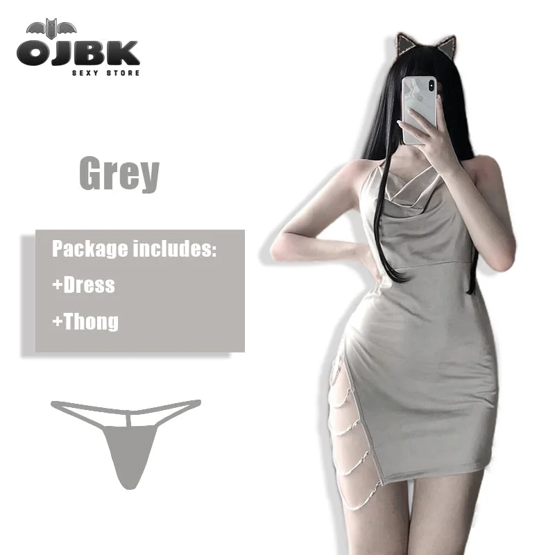 OJBK Sexy Bodycon Dress For Women Elegant Party Club Wearing Ladies Open Chest Side ChainDesign Costumes With Cute Thong Fashion