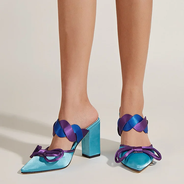 Sky Blue Satin Chunky Heels Purple Bow Decor Pointed Toe Mules Shoes |FSJ Shoes