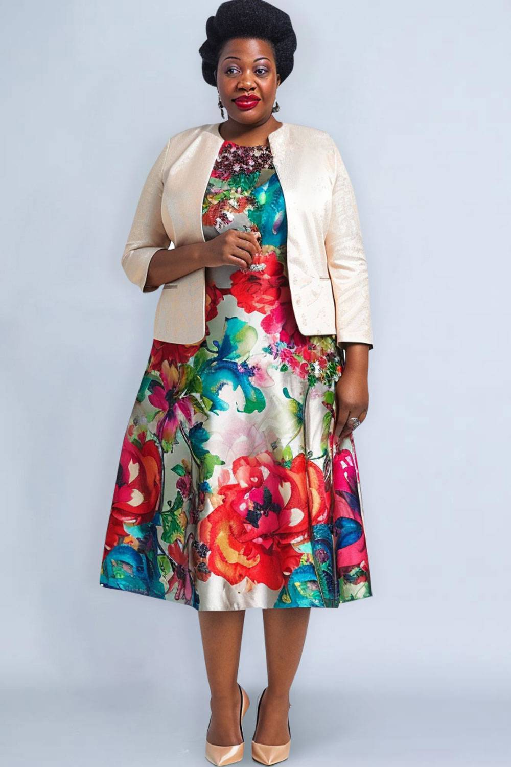 Design Plus Size Mother Of The Bride Dress Set Elegant Multicolor Floral Spring Summer Round Neck 3/4 Sleeve Satin Two Piece Dress Set [Pre-Order]