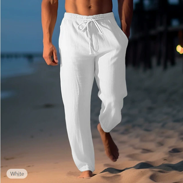 Men's Casual Solid Color Cotton And Linen Comfortable Vacation Trousers