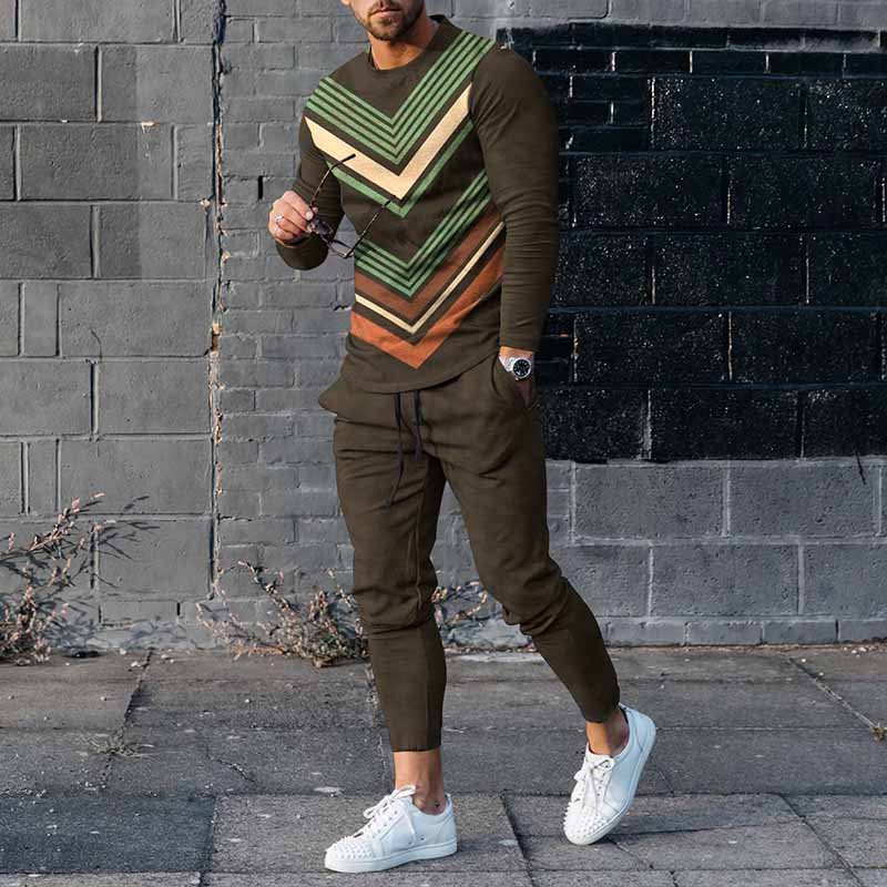 Men's Multicolor Stripe Casual Long Sleeve T-Shirt And Pants Co-Ord