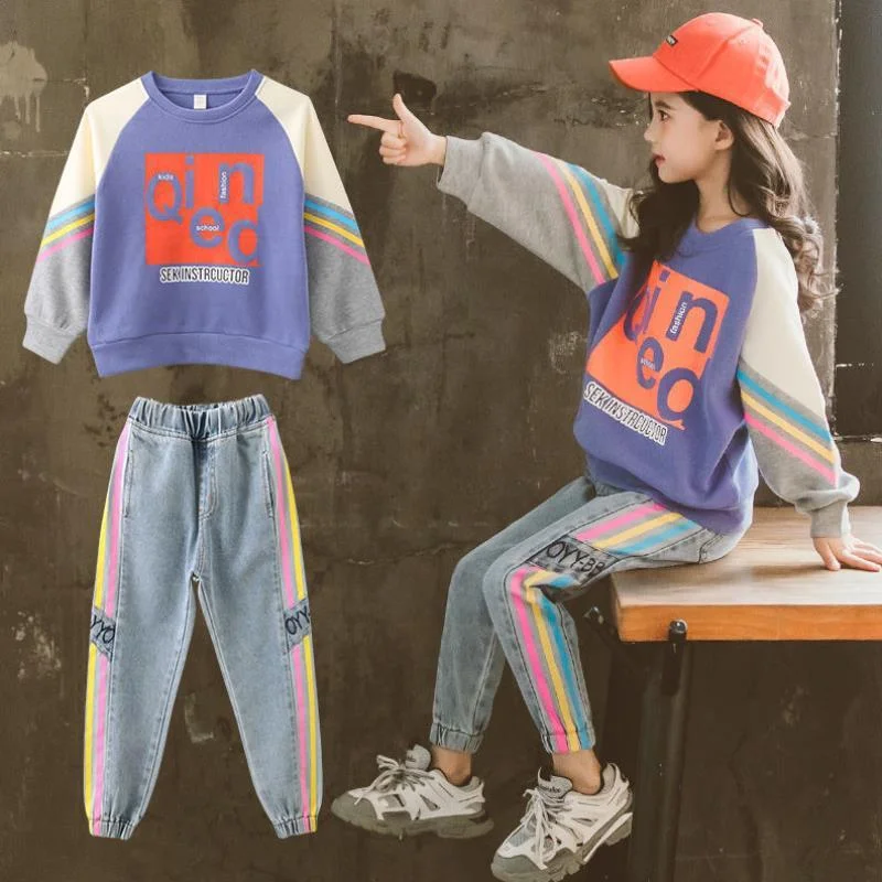 New Autumn Spring Girls Clothing Suits Pullover Kids Colored Cotton Sweatshirt Tracksuit Sport Suits Outwear Jean Pants