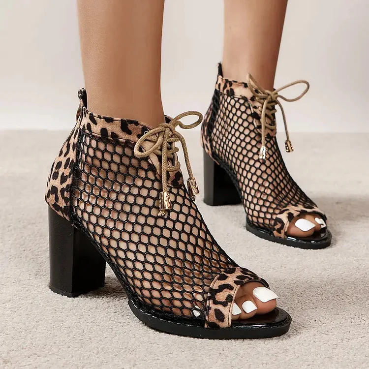 Party Black Hollow Out Lace Up Chunky Heels Leopard Print Sandals