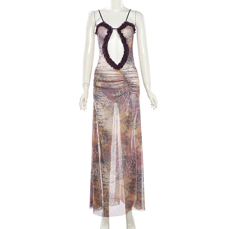 Spaghetti Strap Ruffle Trim Floral Loose Hollow-out Maxi Dress