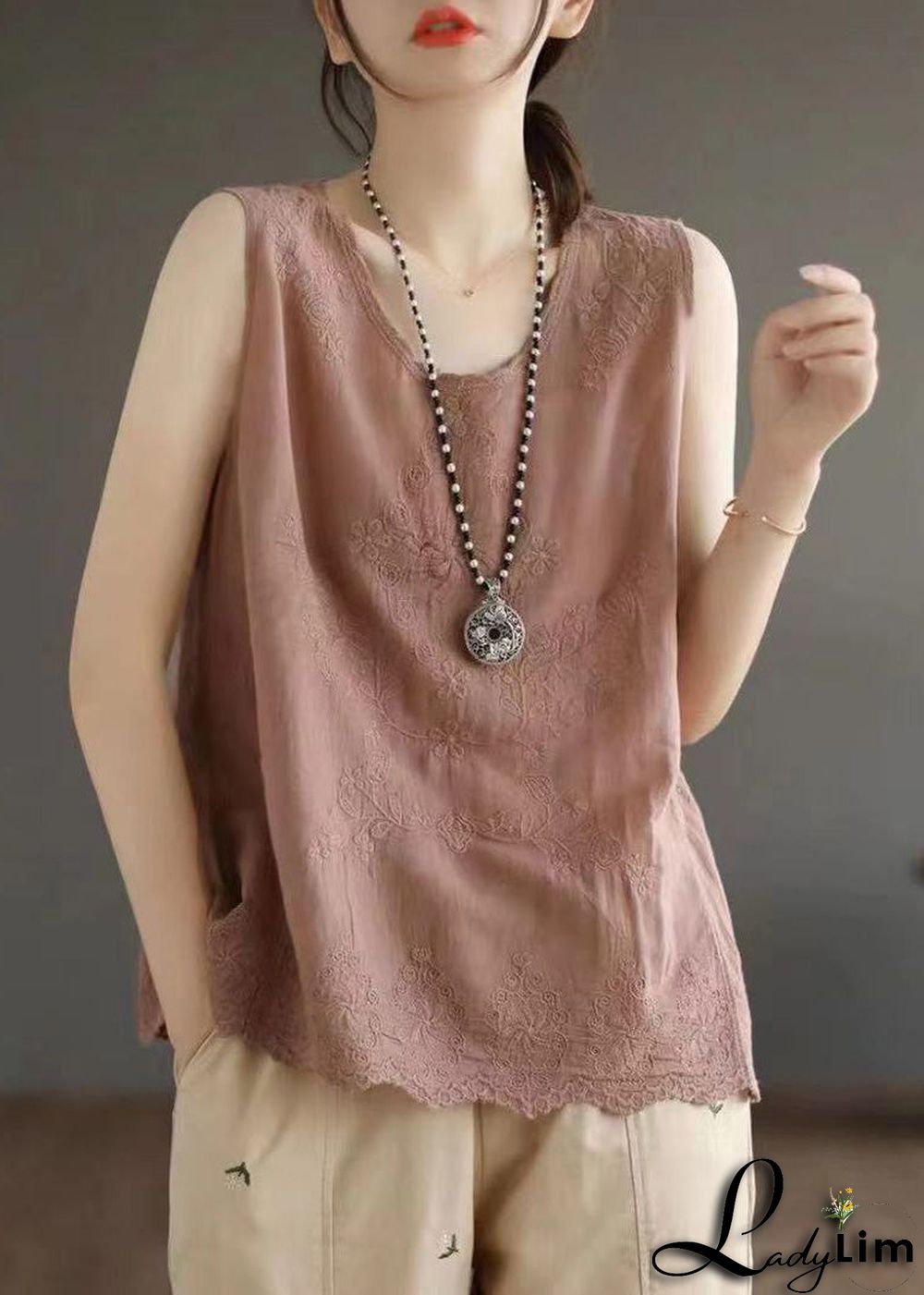 Skin Pink Embroideried Solid Cotton Vest Sleeveless