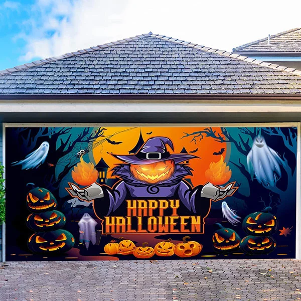 (This style has a US warehouse and can be delivered in 3-5 days）7' x 16' Happy Halloween Jack-Lanterns Garage Door Mural