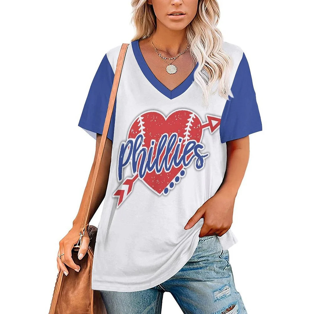 V-neck Short Sleeve Casual T-shirt for  Women Printed with Pattern Philadelphia Phillies, Blue, Red