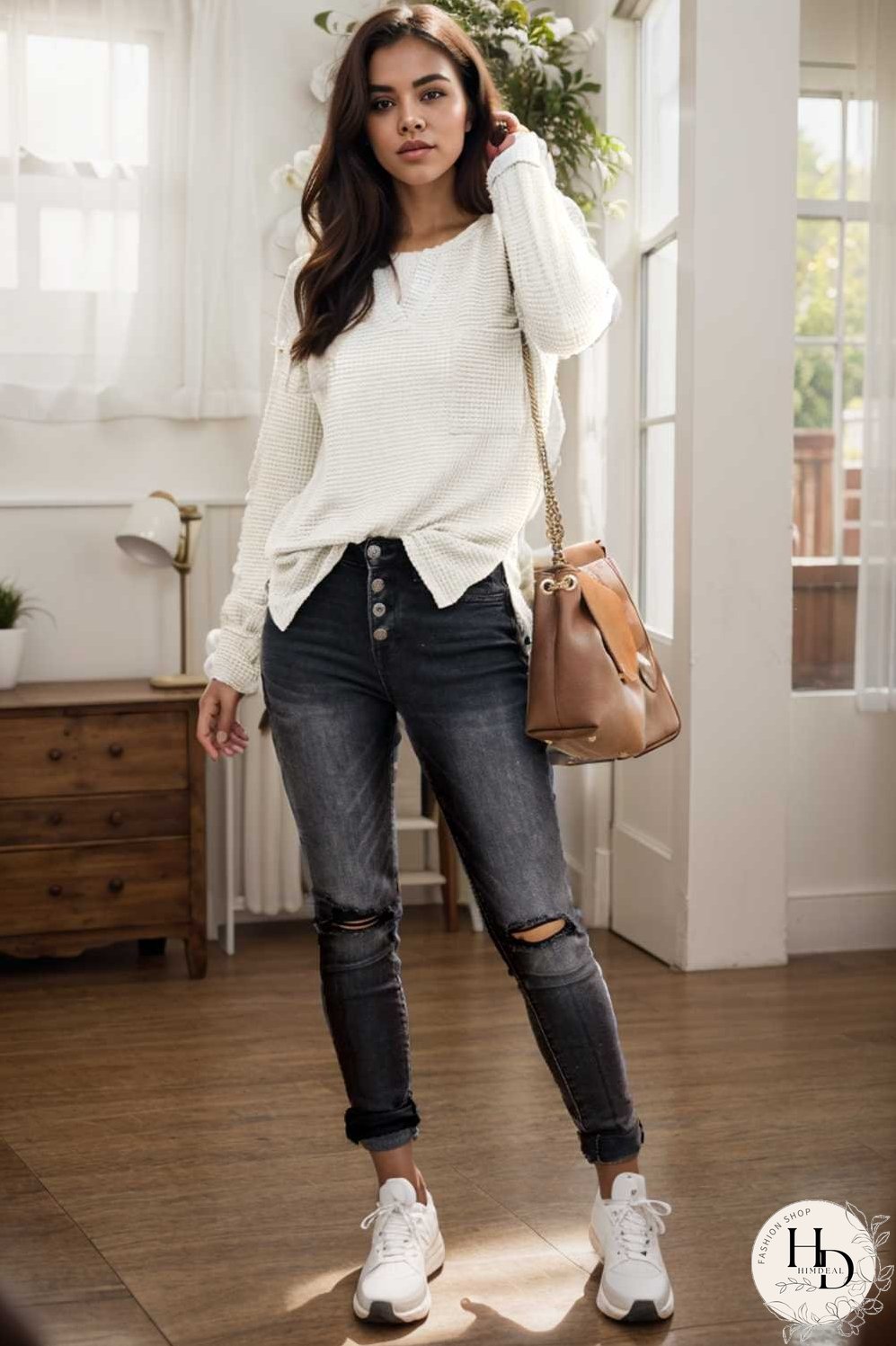 deep v neck long sleeve knitted sweater