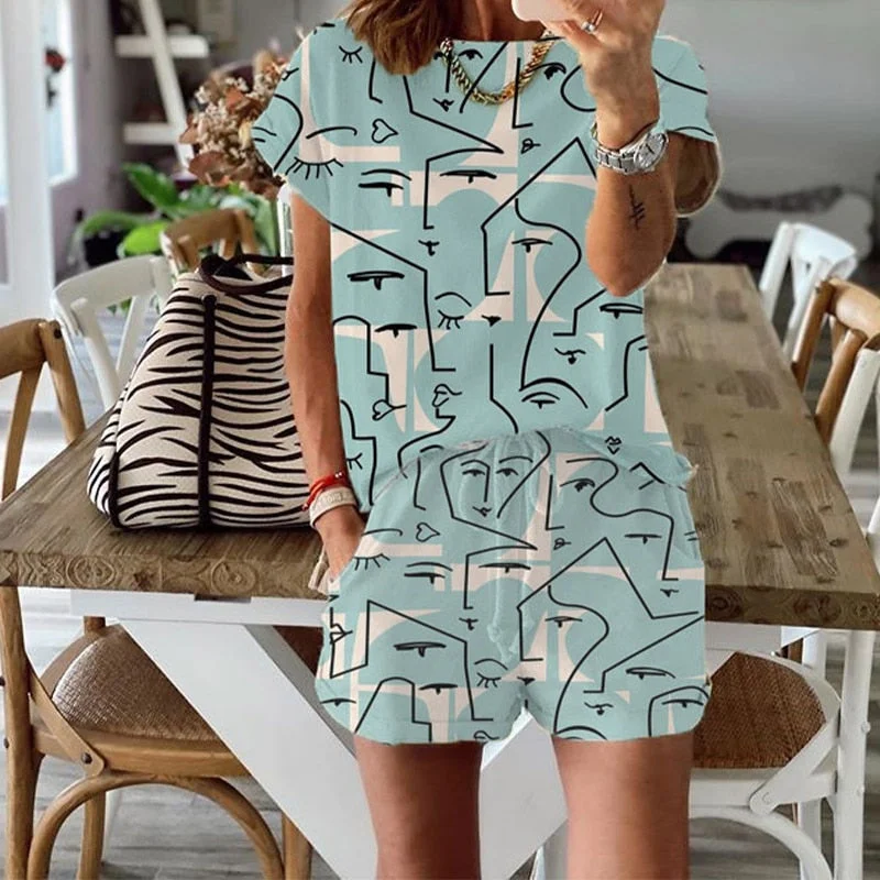 Solid Summer Women's Suit Two Pieces Tracksuit Short Sleeve Sports Suits Women 2021 Casual Tracksuits Elastic Waist Lady Set