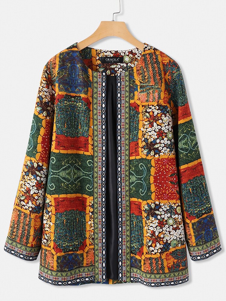 Vintage Ethnic Style Floral Print Patchwork Jackets With Pockets For Women