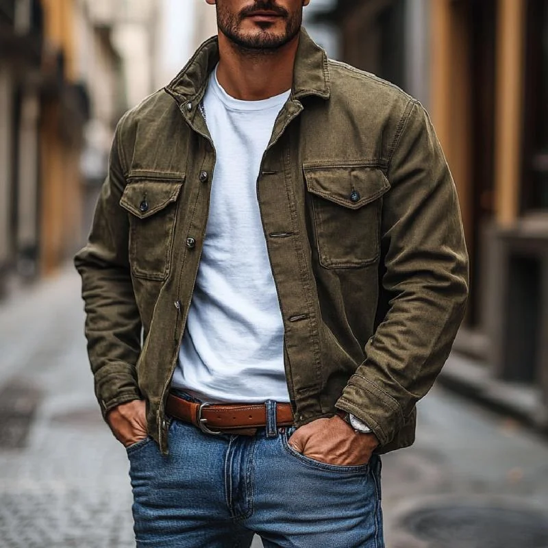 Men's Casual Washed Cotton Lapel Multi-Pocket Work Jacket
