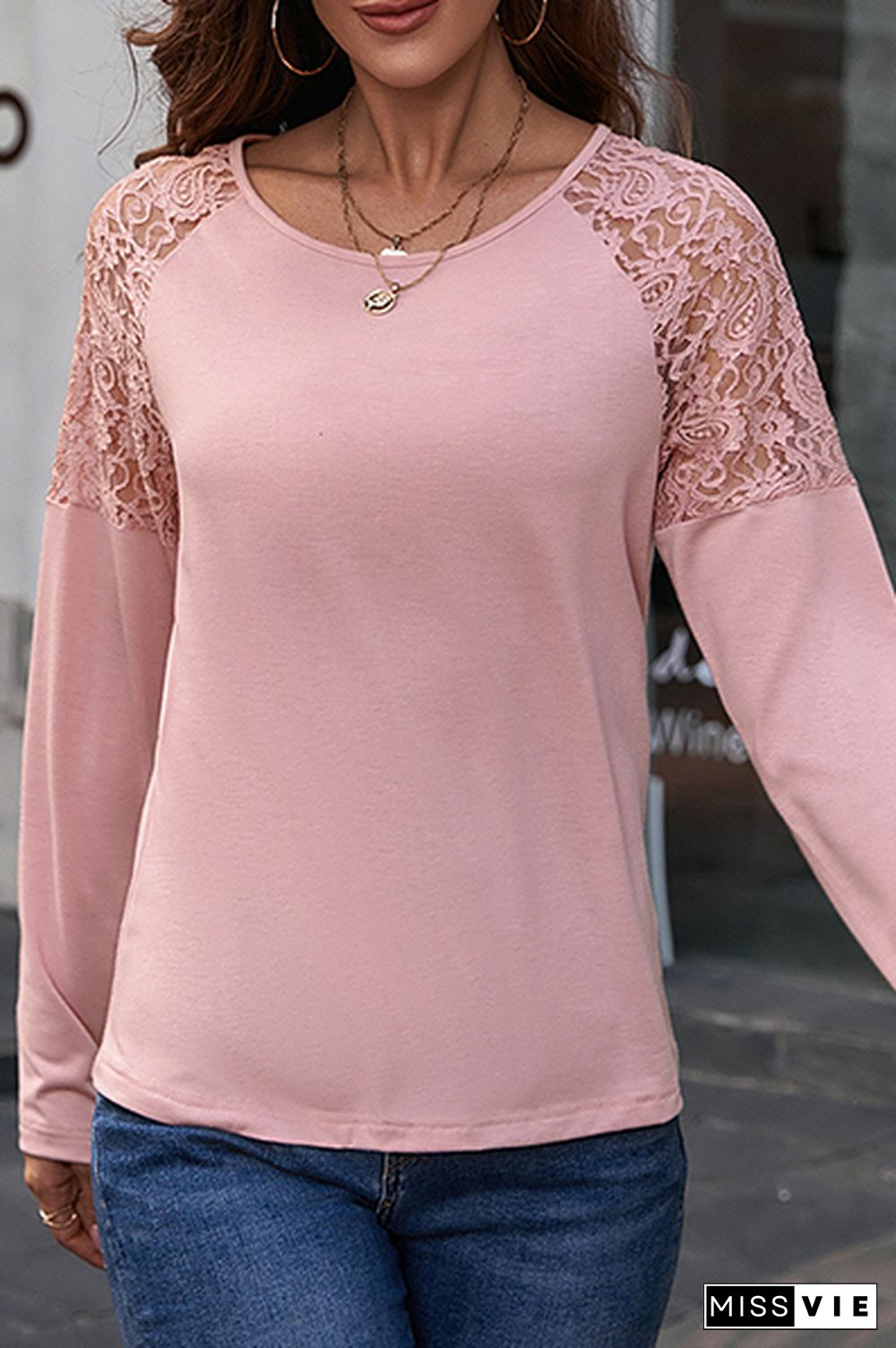 Casual Patchwork Lace Hollowed Out O Neck Tops
