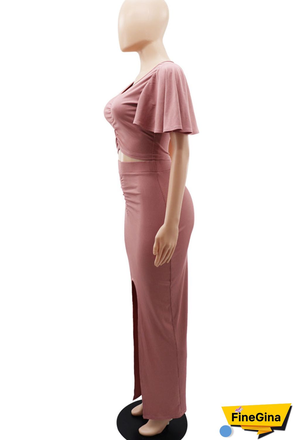 Blue Elegant Solid Patchwork Fold V Neck Short Sleeve Two Pieces