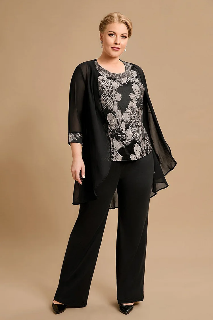 Flycurvy Plus Size Mother Of The Bride 3/4 Sleeve Three Pieces Set Pant Suits