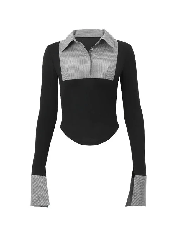 Brownm Vintage Stripe Splice Polo Neck Long Sleeve Blouse