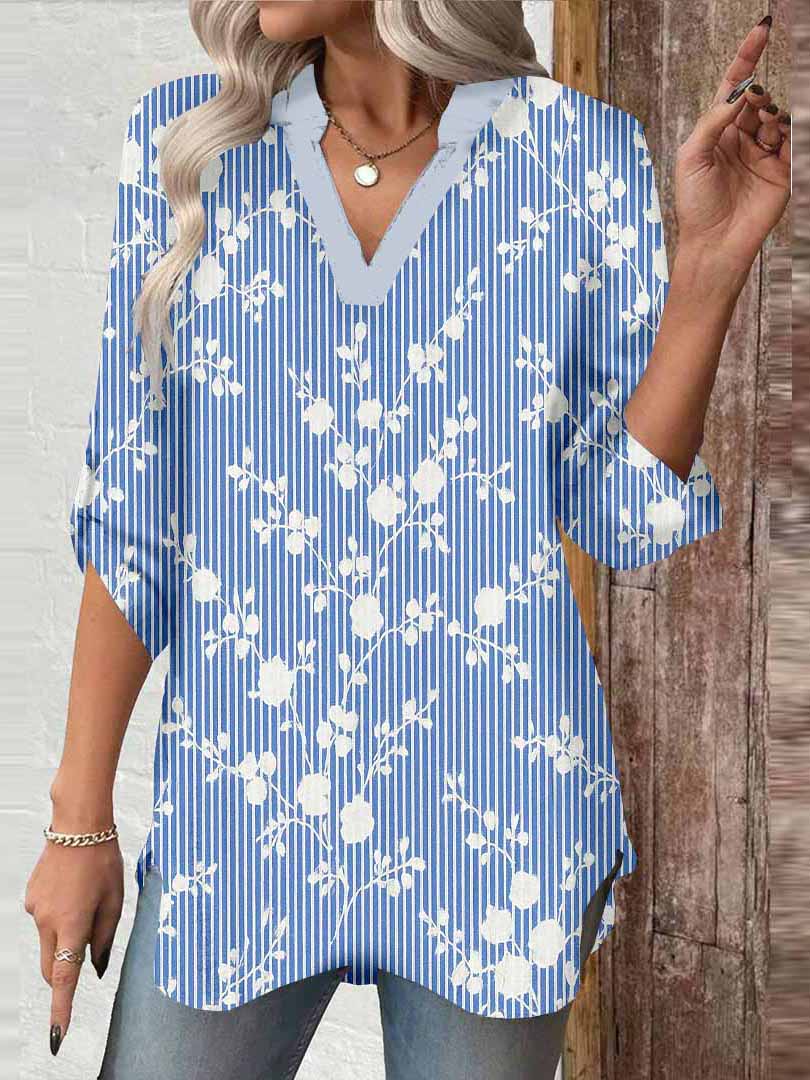 Women Floral,Blue,Black DZGA0271 3/4 Sleeve V-neck Printed Graphic Button Tops