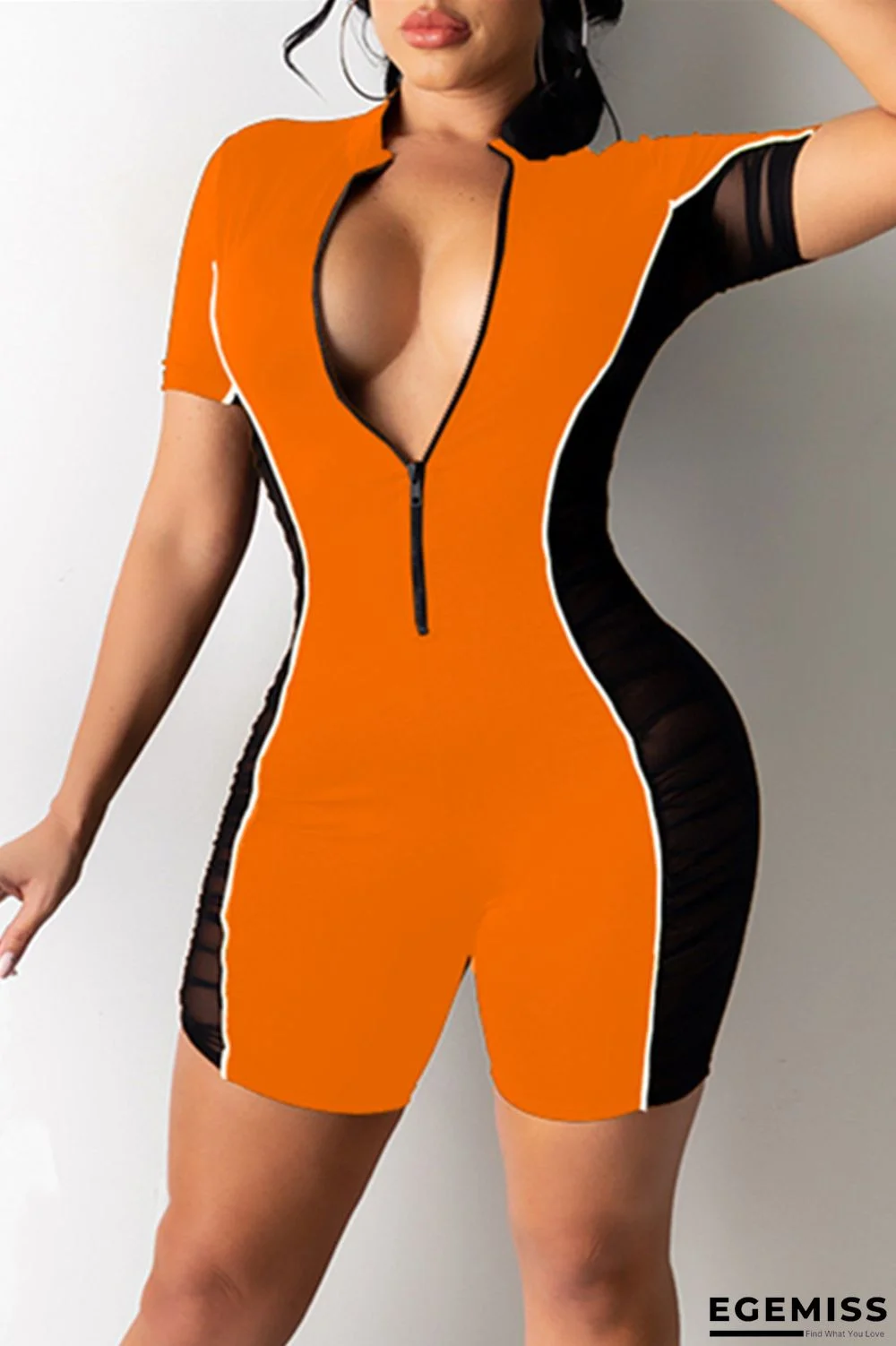 Orange Fashion Casual Patchwork See-through Zipper Collar Skinny Romper | EGEMISS