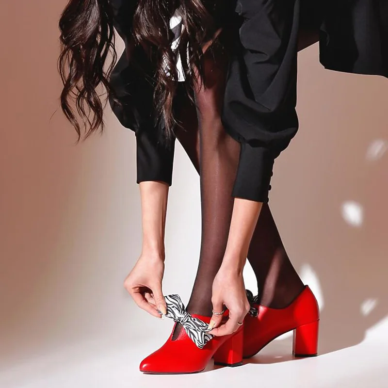 Red Zebra Print Pointed Toe Block Heel Loafers with Bow-Knot Nicepairs