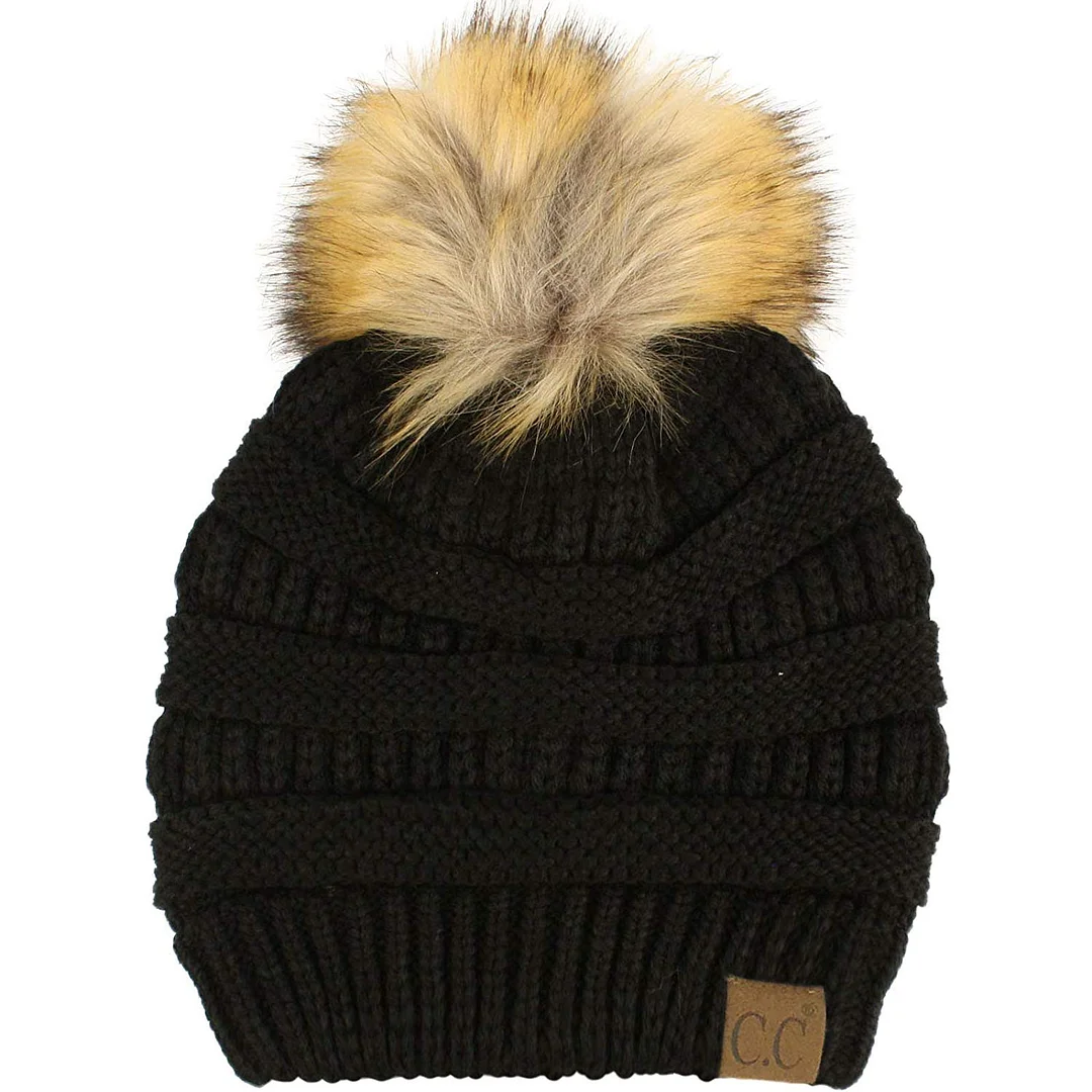 Fur Pom Winter Fall Trendy Chunky Stretchy Cable Knit Beanie Hat