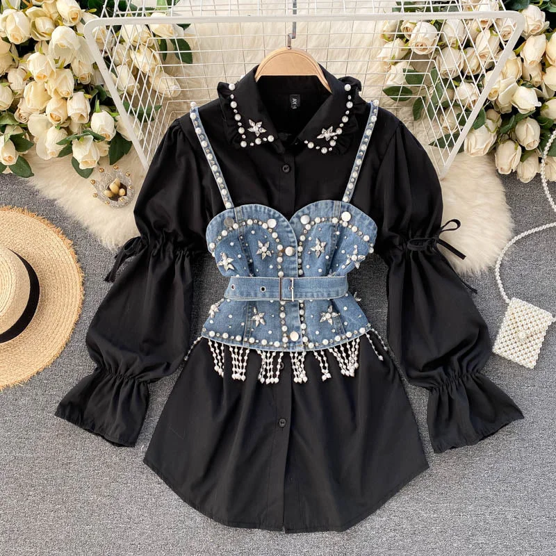 Spring 2021 New Blouse Women's Diamond Beaded Puff Sleeve Blusa Top Tassel Pearl Sling Waistcoat Two-piece Stacking Shirt C813