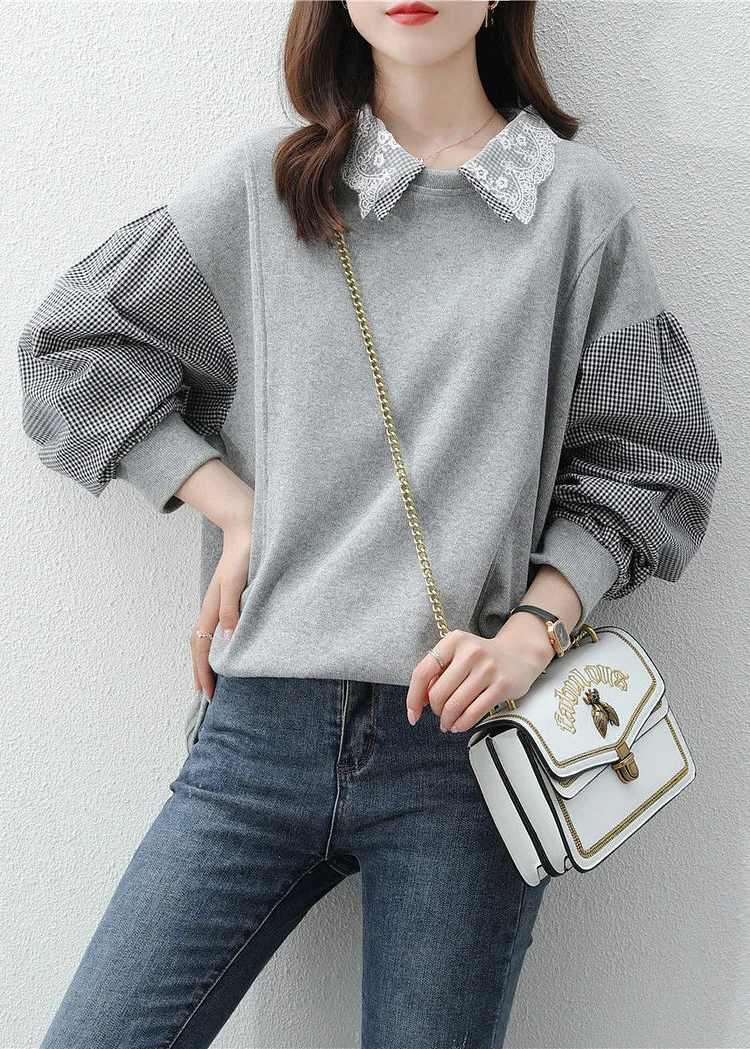 Women Grey Peter Pan Collar Patchwork False Two Pieces Cotton Sweatshirt Fall
