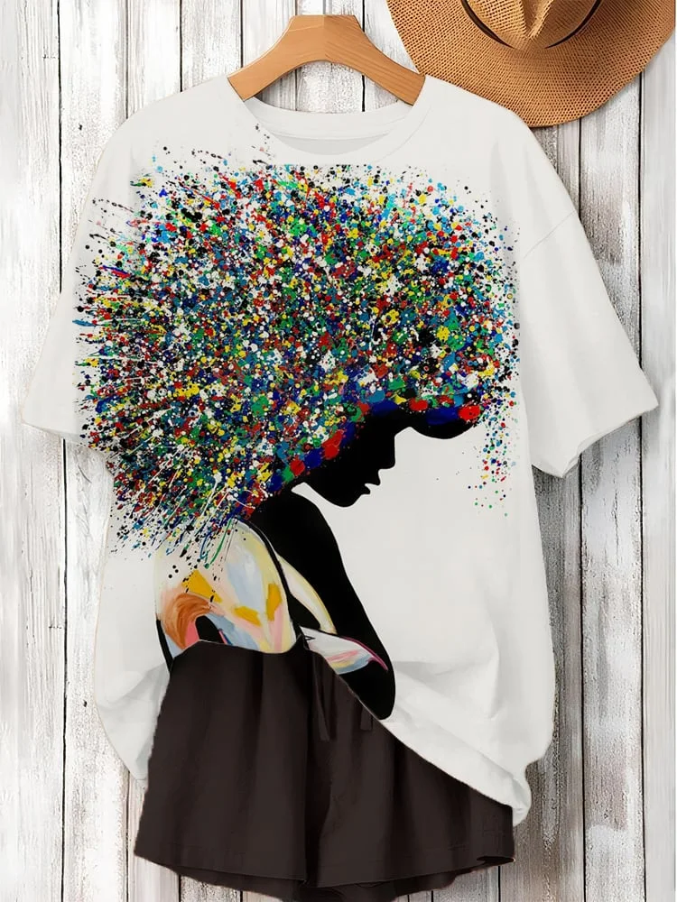 Women's Black Juneteenth African Portrait Print Crew Neck T-Shirt Top 