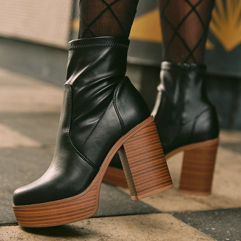 Black Leather Ankle Boots Platform Chunky Boots Nicepairs