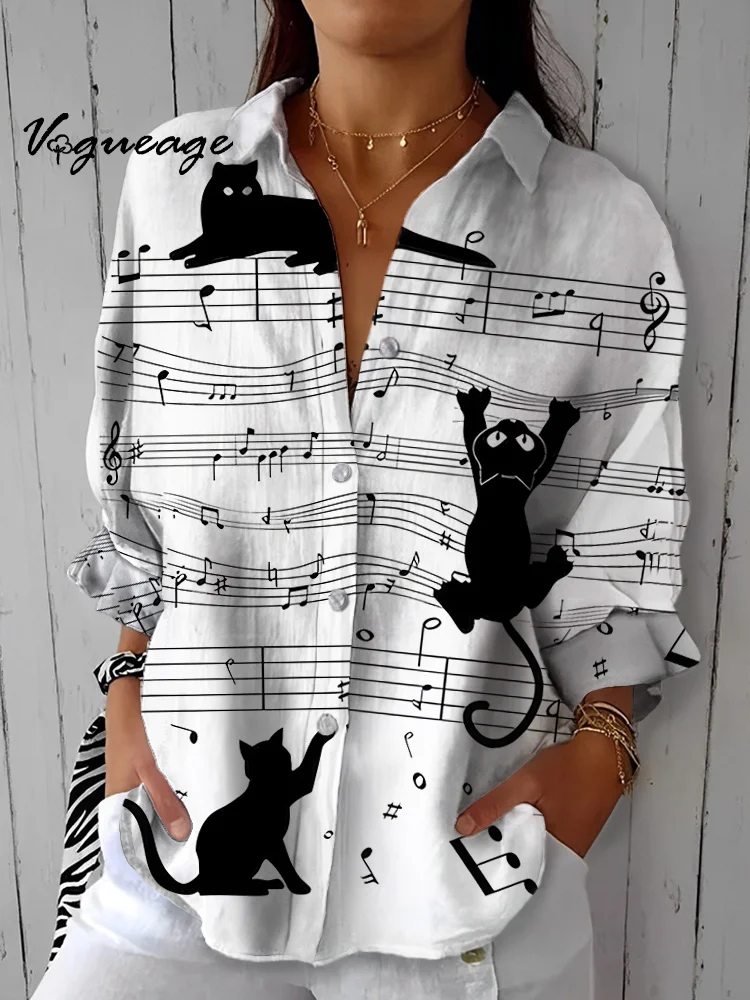 Black Cat Playing Happily On The Musical Staff Printed Cotton And Linen Shirt