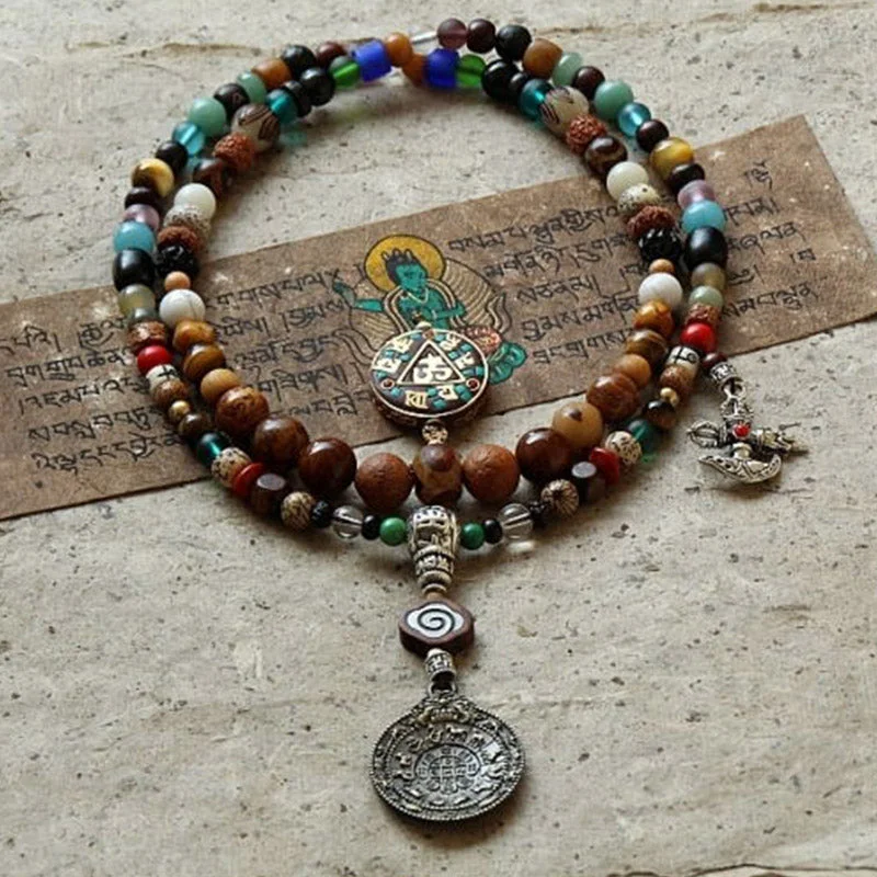 Tibet 108 Mala Beads Nine Palaces Bagua Bodhi Seed Yak Bone Vajra Harmony Bracelet