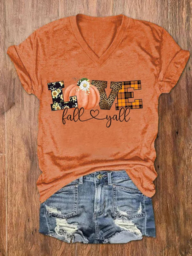 Women's Love Fall Y'all Print V-Neck Tee