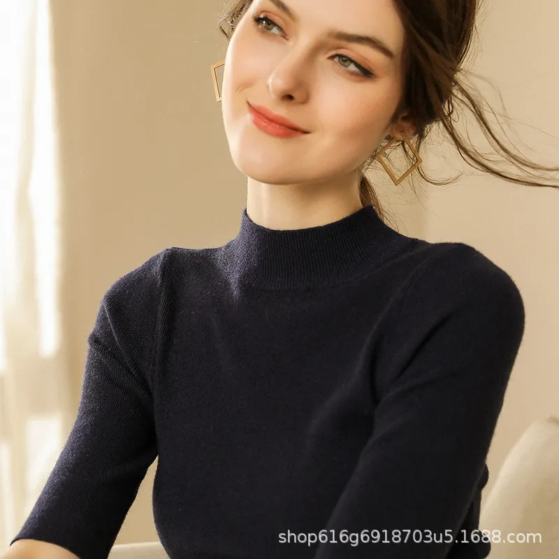 Churchf Churchf 2024 New Half High Turtleneck Slim Sweater Knit Short Sleeve Half Sleeve Five Minutes Middle Sleeve Tight Middle Sleeve Bottom Shirt